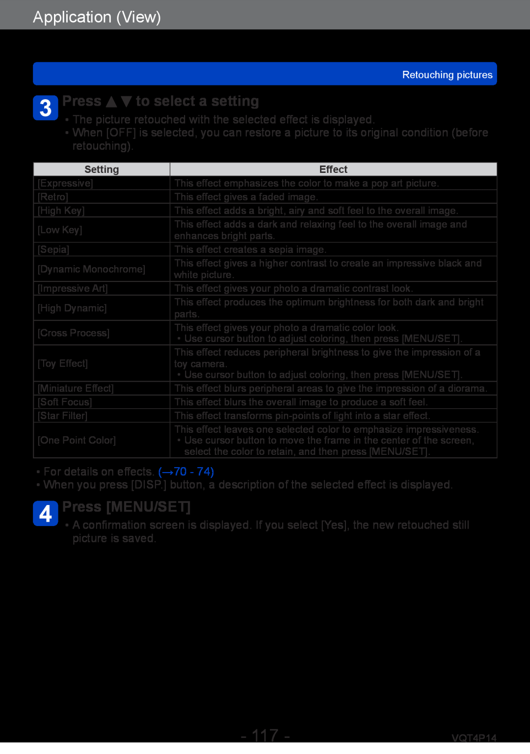 Panasonic DMCZS25K, DMC-ZS25 owner manual Press to select a setting, Application View, Press MENU/SET 
