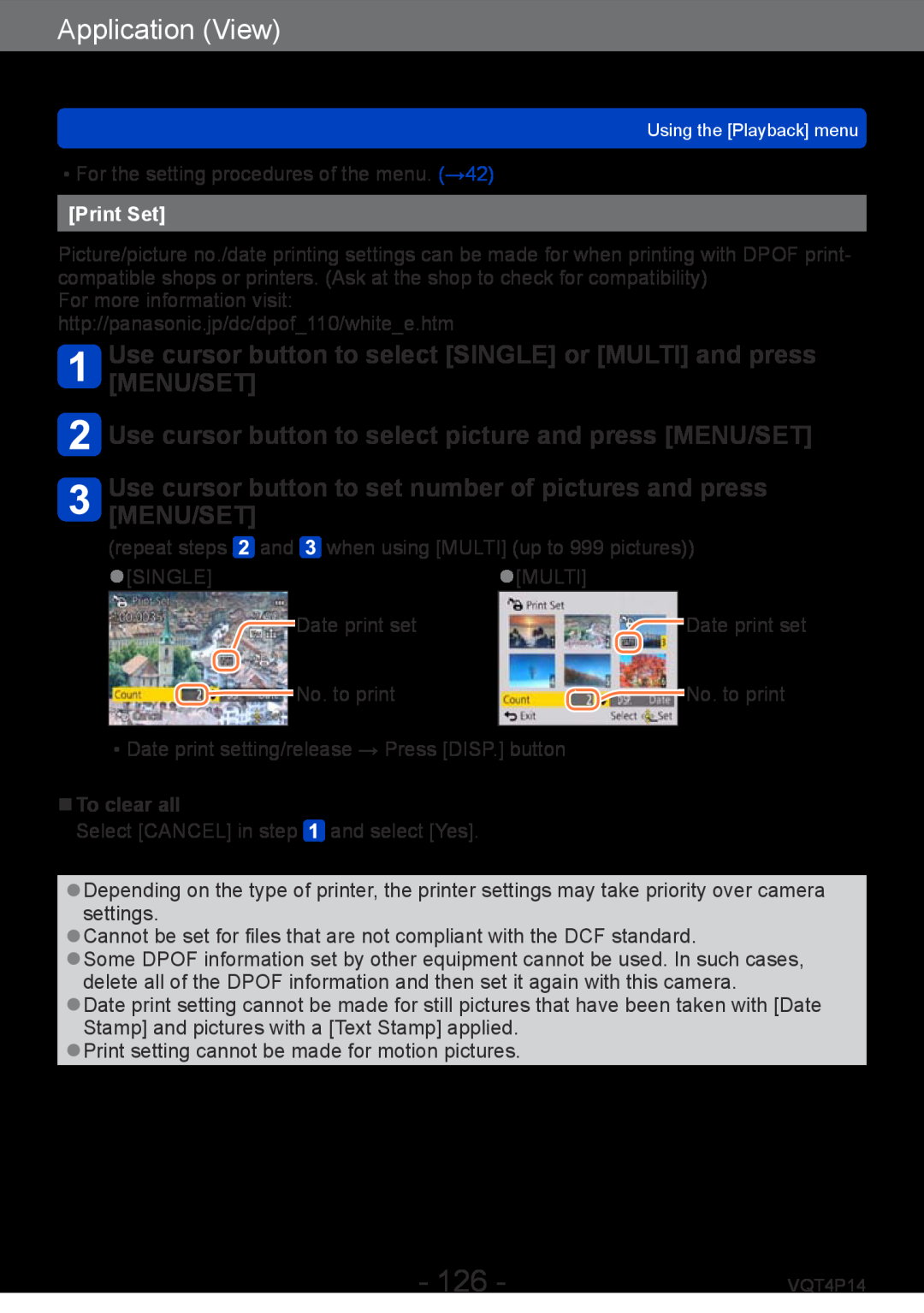 Panasonic DMC-ZS25, DMCZS25K Use cursor button to set number of pictures and press MENU/SET, Print Set, Application View 