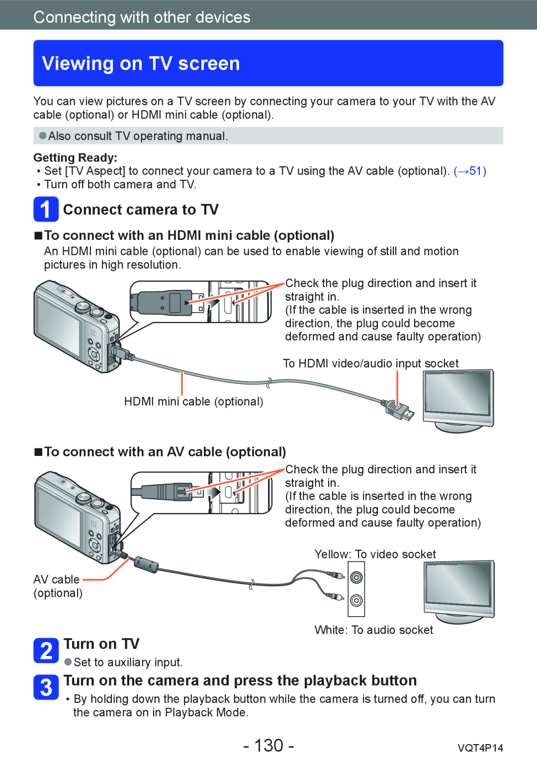 Panasonic DMC-ZS25 Viewing on TV screen, Connecting with other devices, Connect camera to TV, Turn on TV, Getting Ready 