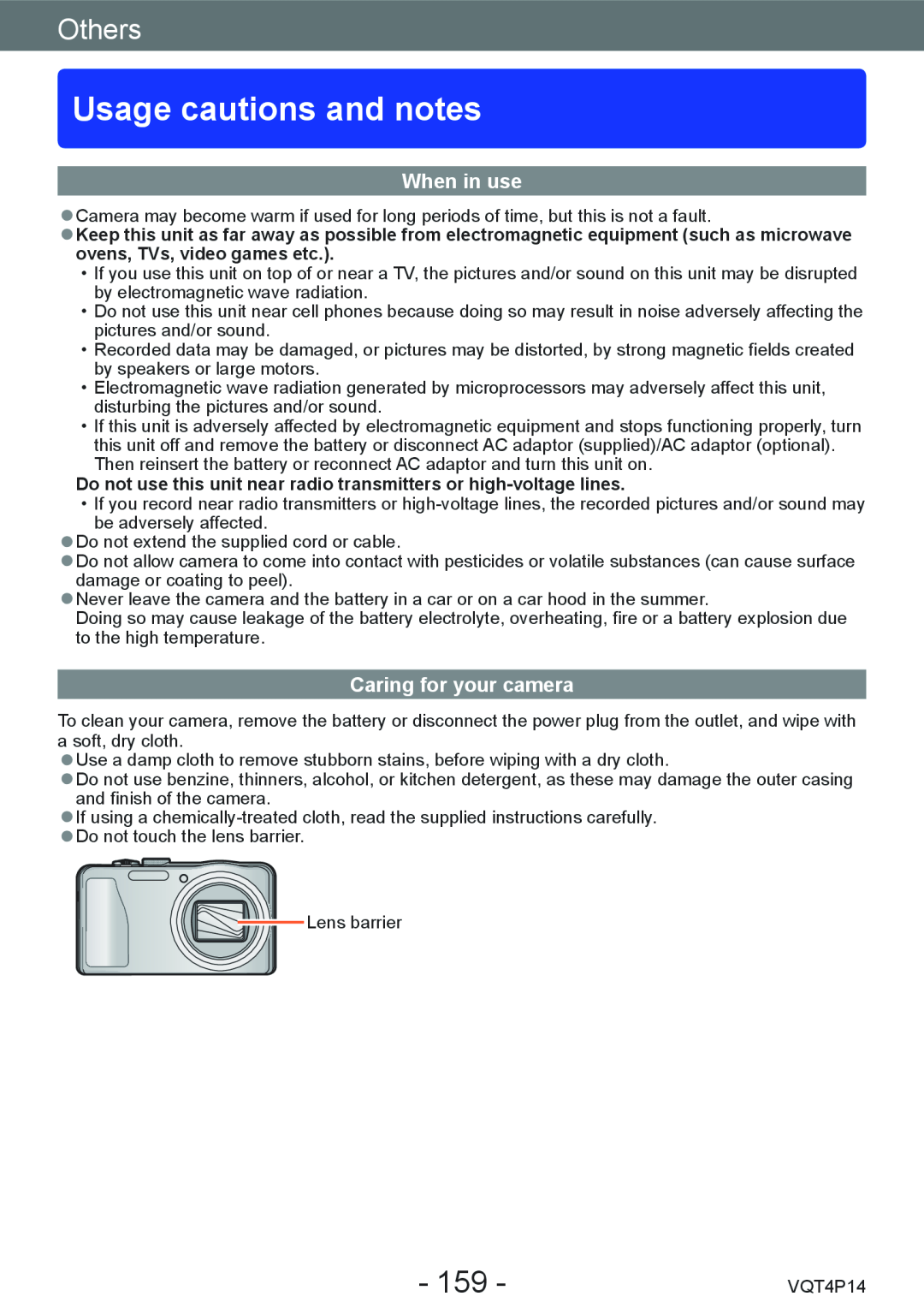 Panasonic DMCZS25K, DMC-ZS25 owner manual Usage cautions and notes, When in use, Caring for your camera, Others 