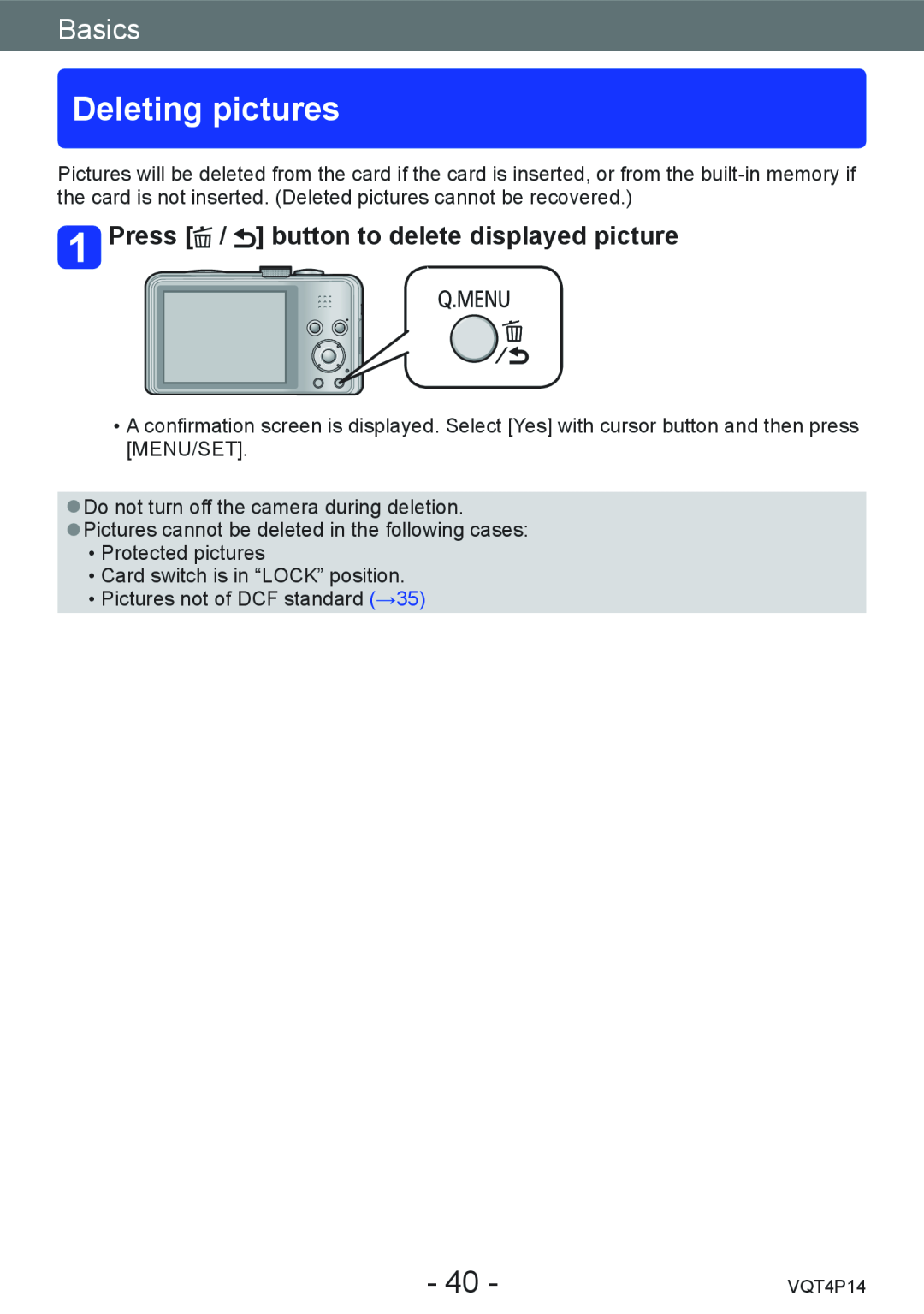 Panasonic DMC-ZS25, DMCZS25K owner manual Deleting pictures, Press / button to delete displayed picture, Basics 