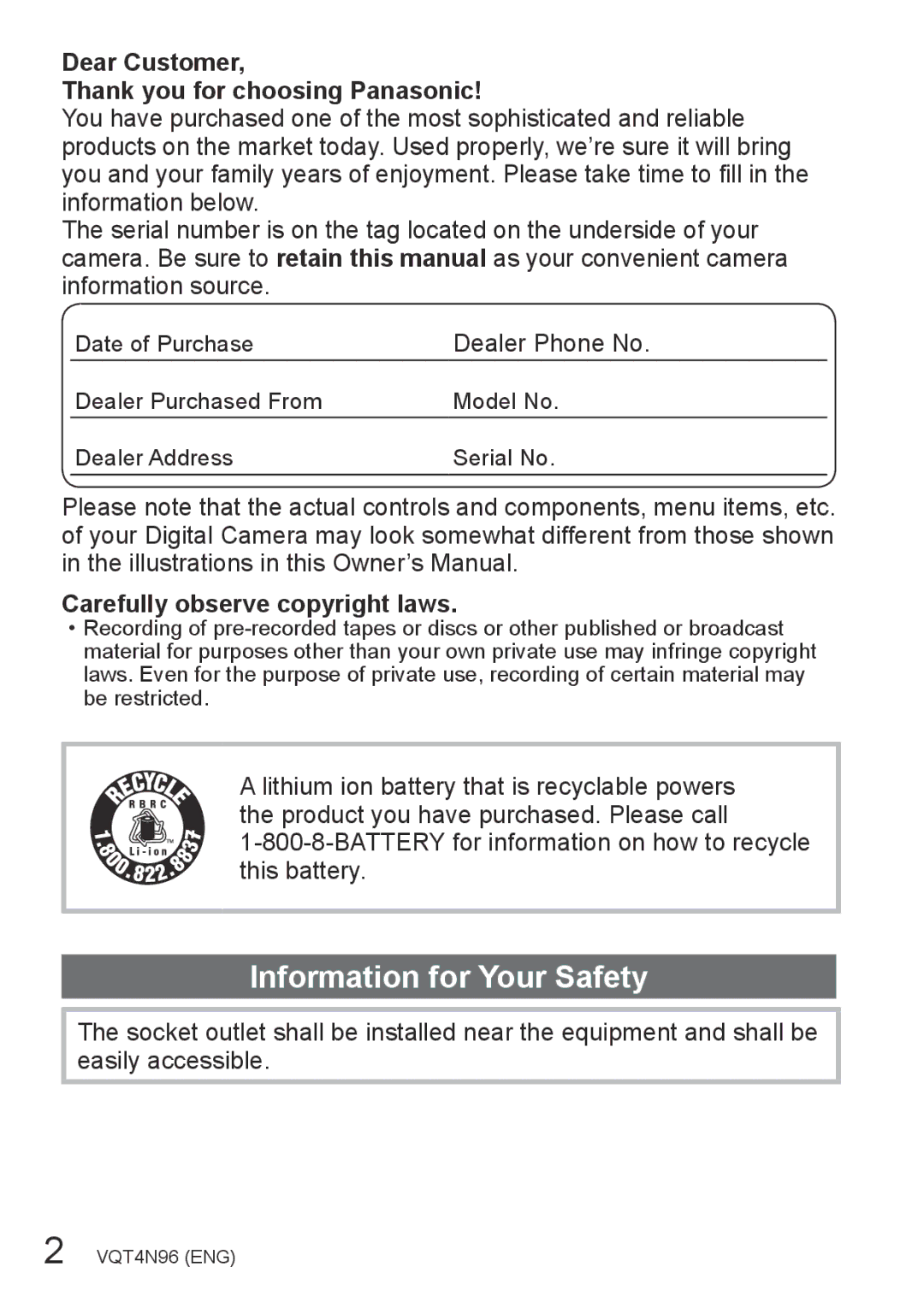 Panasonic DMC-ZS25, DMCZS25S owner manual Dear Customer Thank you for choosing Panasonic, Carefully observe copyright laws 