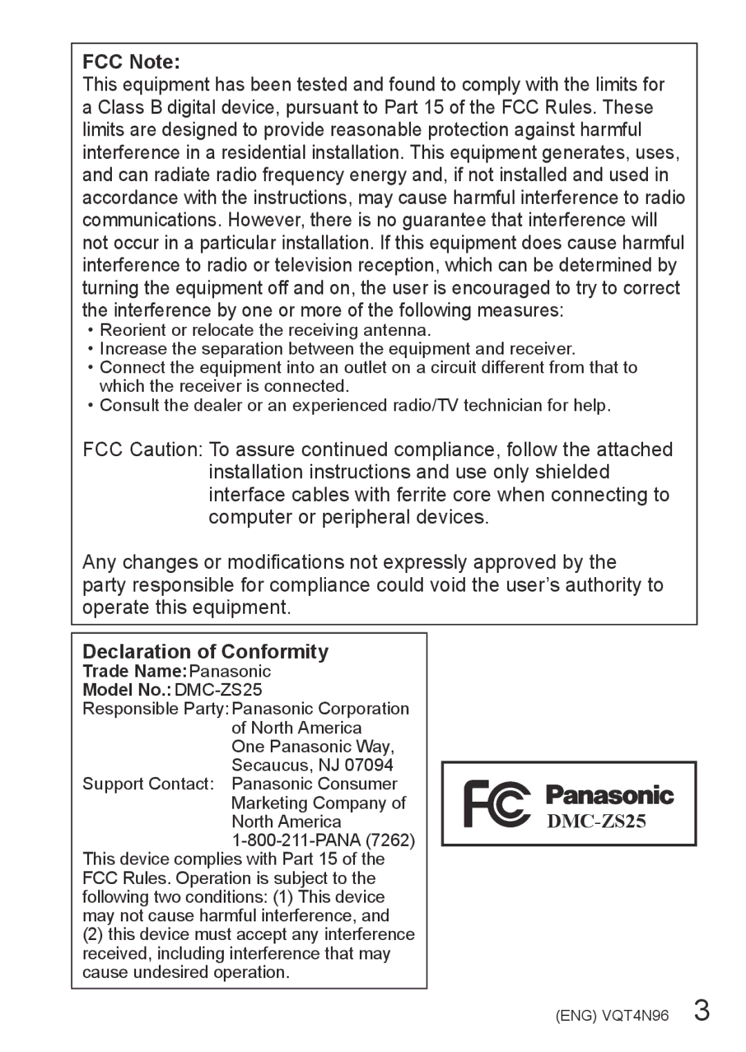 Panasonic DMCZS25S, DMC-ZS25 owner manual FCC Note, Declaration of Conformity 