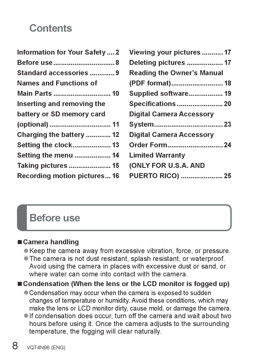 Panasonic DMC-ZS25, DMCZS25S owner manual Contents, Before use 