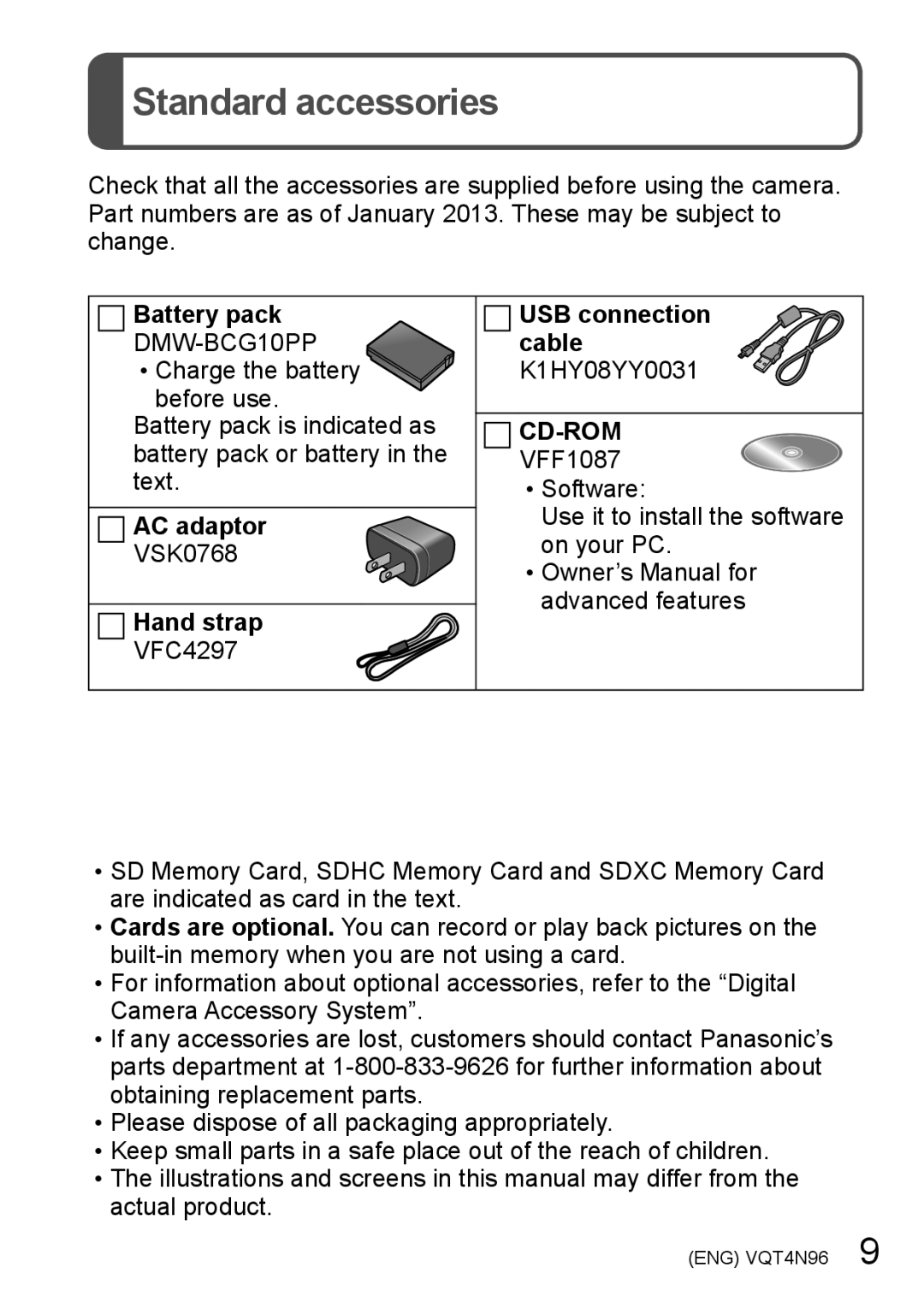 Panasonic DMCZS25S, DMC-ZS25 owner manual Standard accessories, Battery pack DMW-BCG10PP Charge the battery, Hand strap 