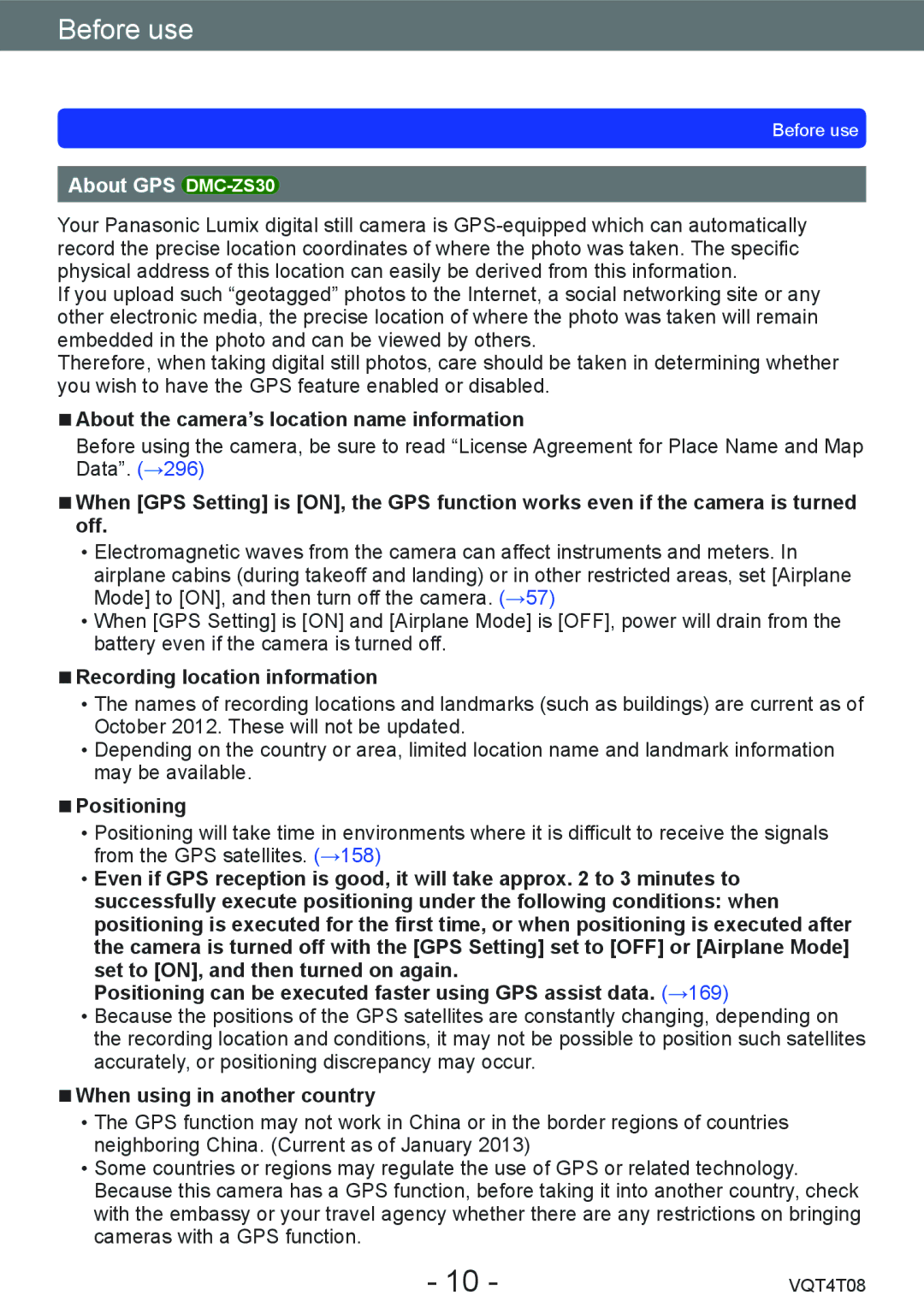 Panasonic About GPS DMC-ZS30, About the camera’s location name information, Recording location information, Positioning 