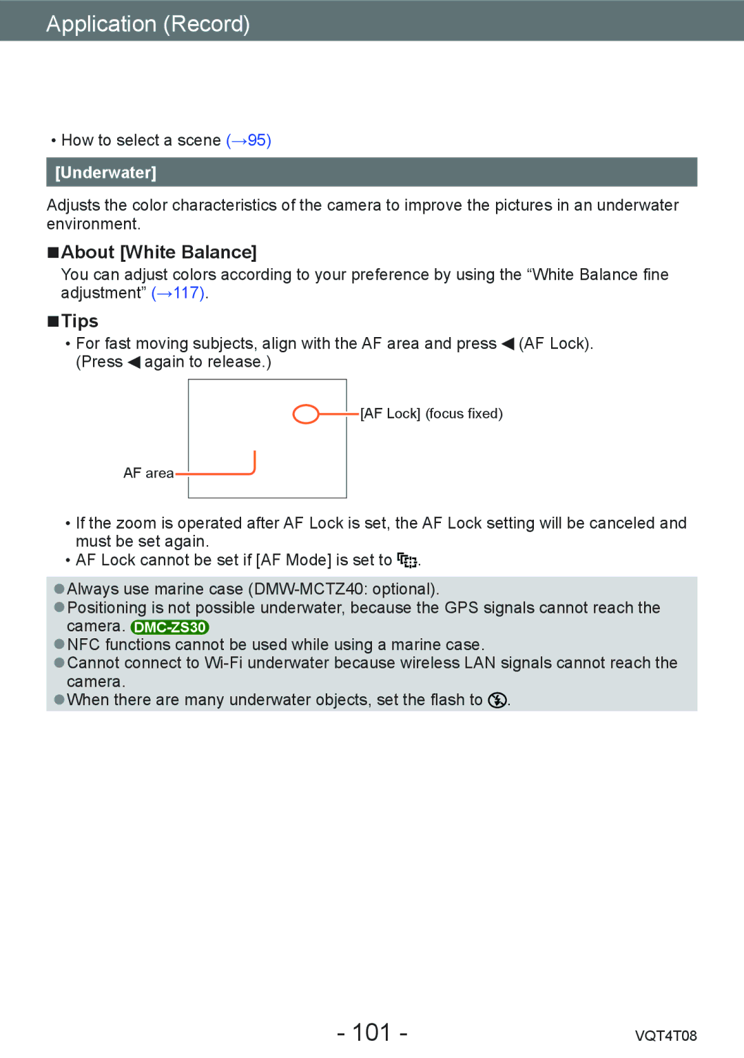 Panasonic DMC-ZS27, DMC-ZS30 owner manual 101, About White Balance, Underwater 