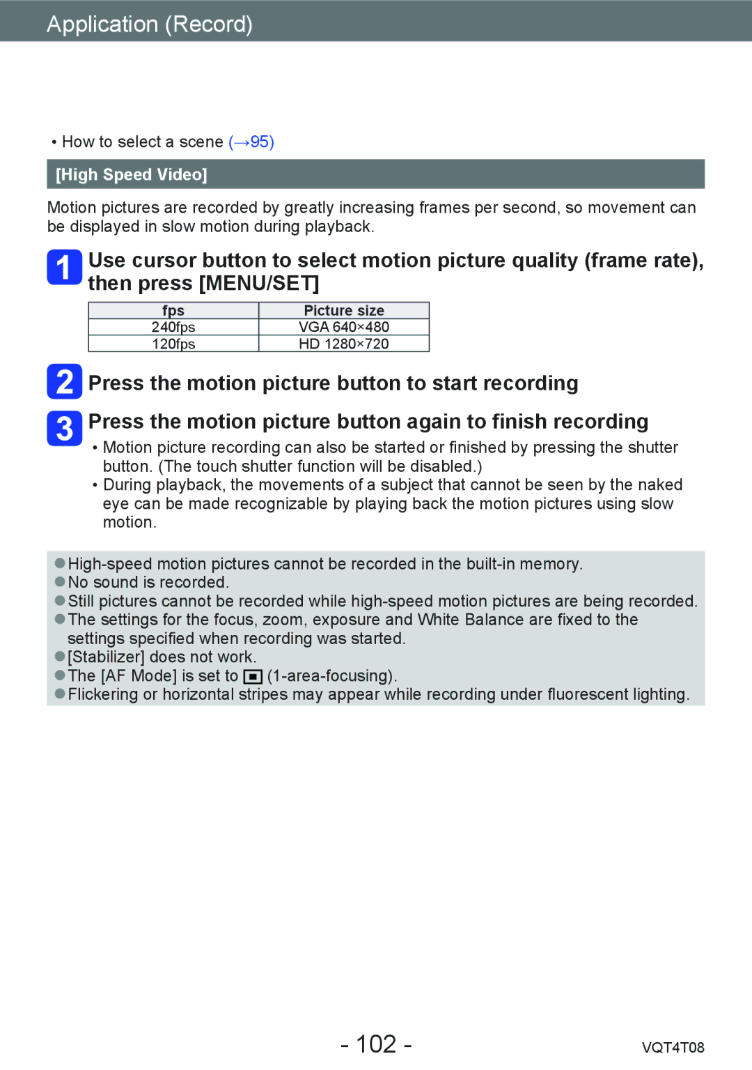 Panasonic DMC-ZS30, DMC-ZS27 owner manual 102, High Speed Video, Fps 