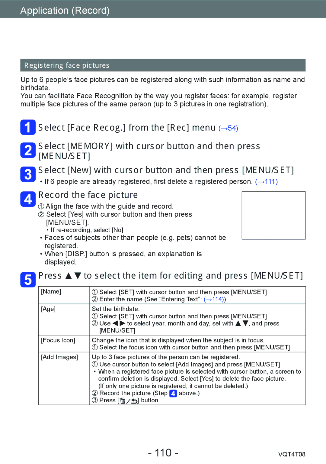 Panasonic DMC-ZS30, DMC-ZS27 110, Record the face picture, Press to select the item for editing and press MENU/SET 