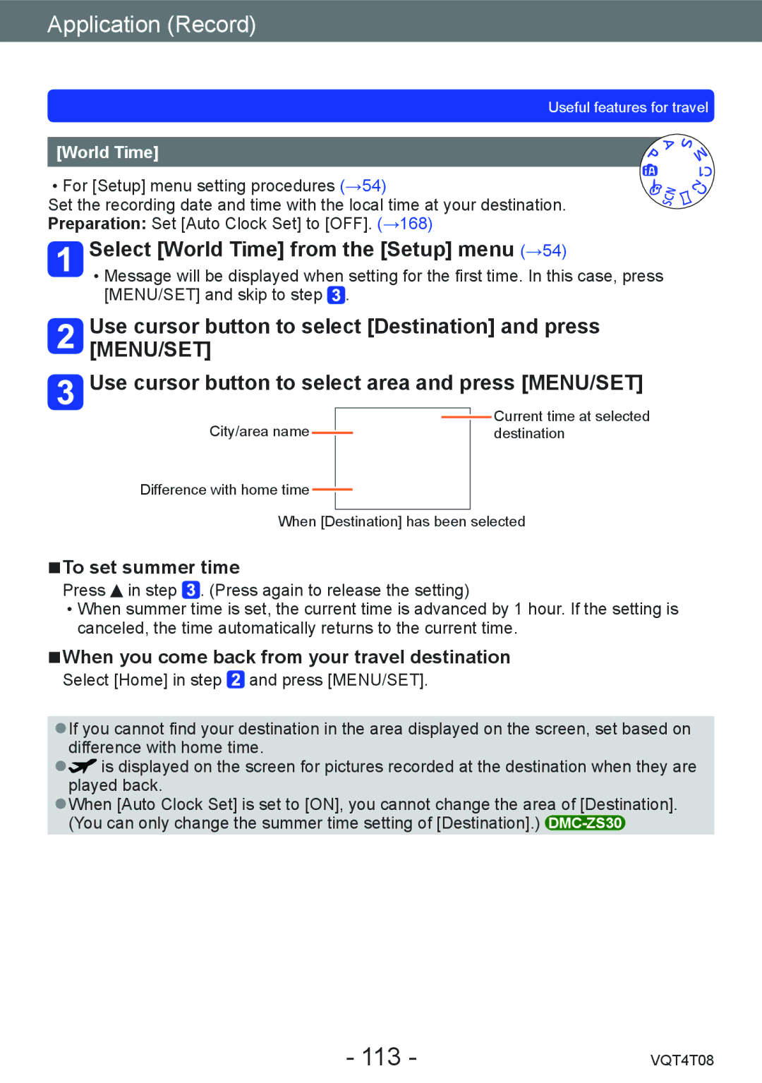 Panasonic DMC-ZS27, DMC-ZS30 owner manual 113, Select World Time from the Setup menu →54, To set summer time 