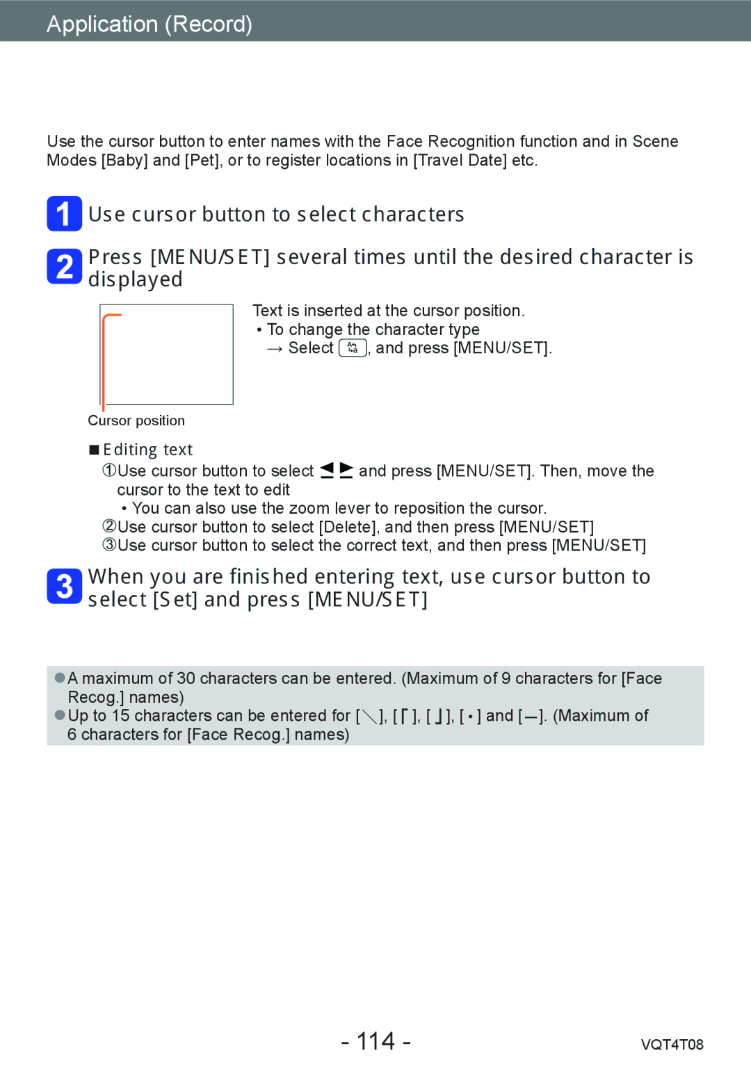 Panasonic DMC-ZS30, DMC-ZS27 owner manual Entering Text, 114, Editing text 