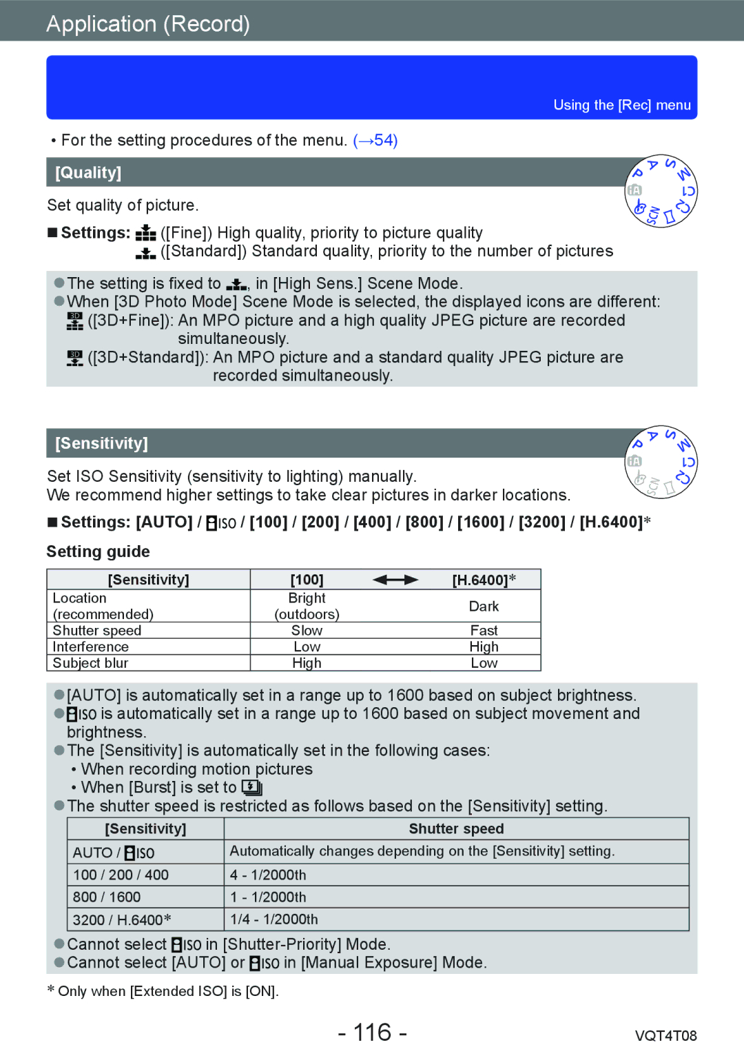 Panasonic DMC-ZS30, DMC-ZS27 owner manual 116, Quality, Sensitivity 100, Sensitivity Shutter speed 