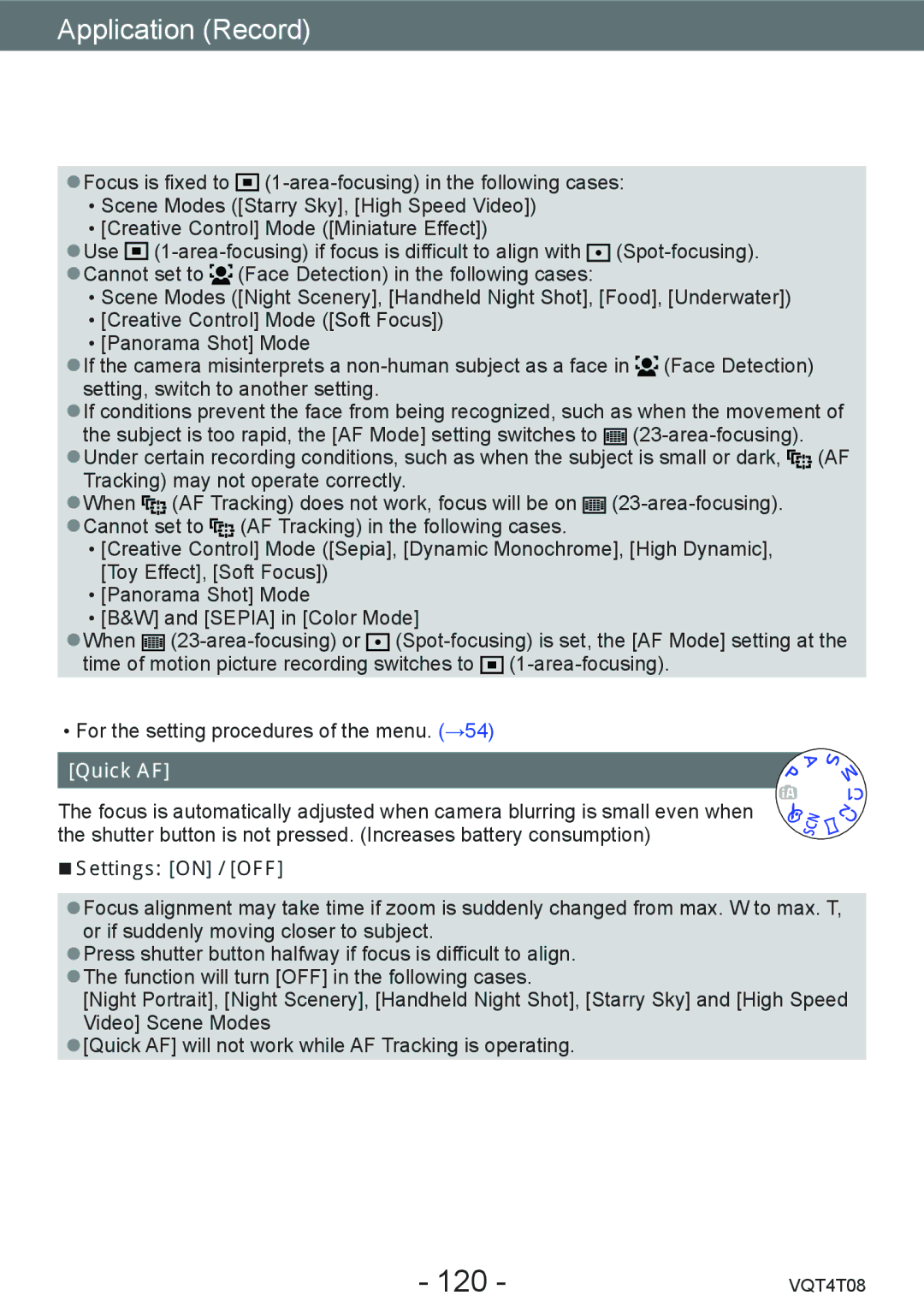 Panasonic DMC-ZS30, DMC-ZS27 owner manual 120, Quick AF 