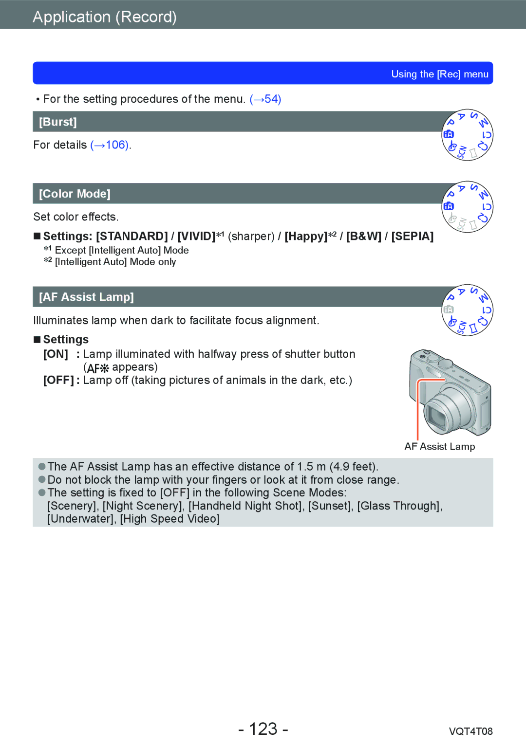 Panasonic DMC-ZS27, DMC-ZS30 owner manual 123, Burst, Color Mode, AF Assist Lamp 