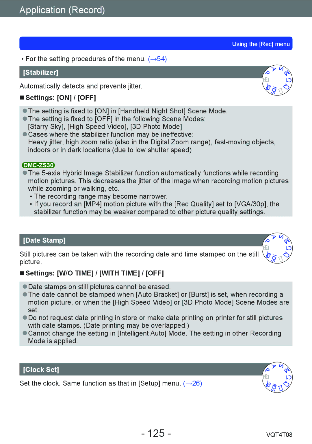 Panasonic DMC-ZS27, DMC-ZS30 owner manual 125, Stabilizer, Date Stamp, Settings W/O Time / with Time / OFF 