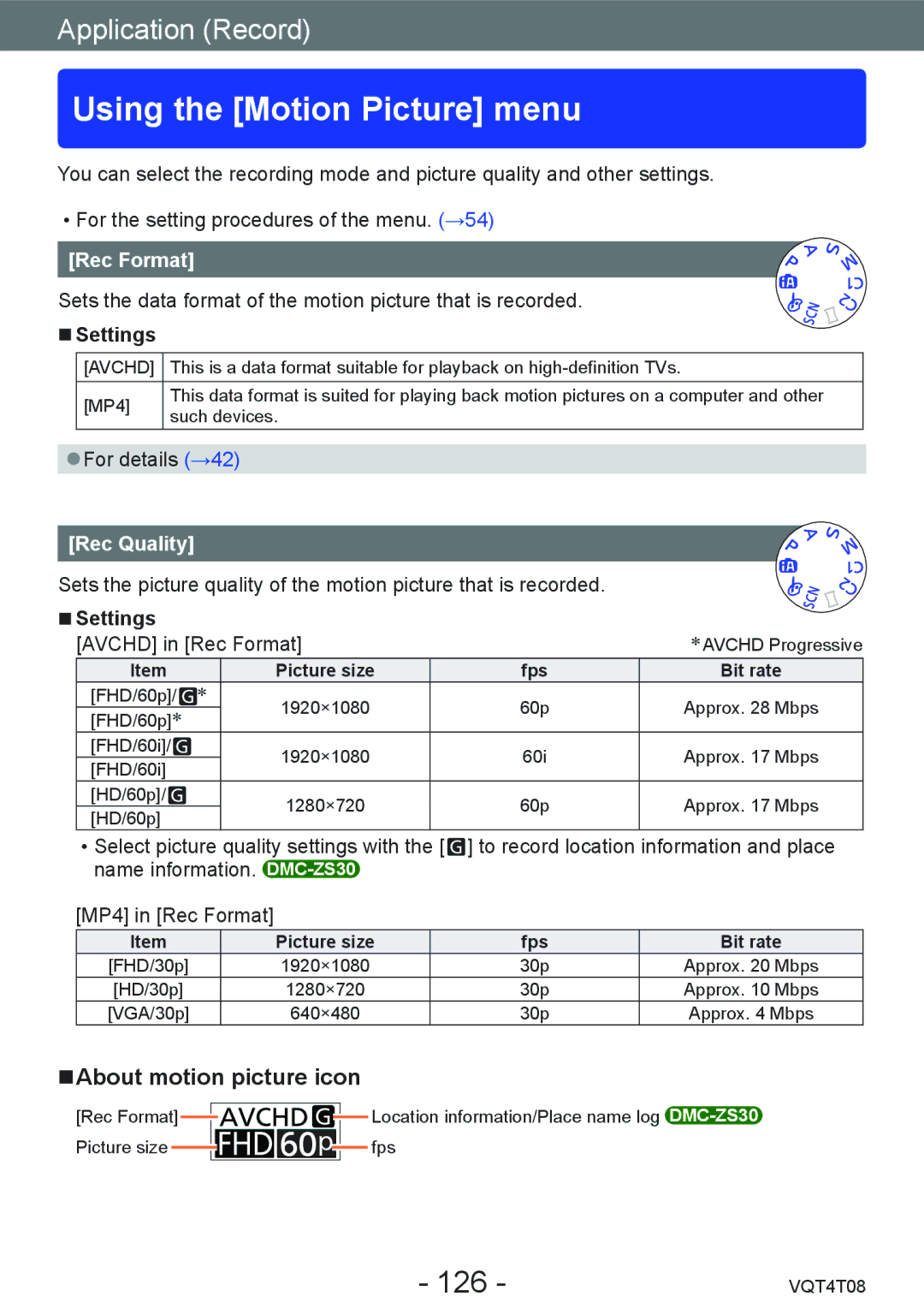 Panasonic DMC-ZS30, DMC-ZS27 Using the Motion Picture menu, 126, About motion picture icon, Rec Format, Rec Quality 