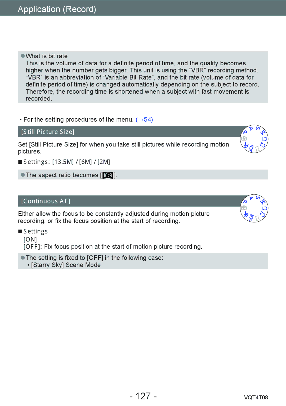 Panasonic DMC-ZS27, DMC-ZS30 owner manual 127, Still Picture Size, Settings 13.5M / 6M / 2M, Continuous AF, Settings on 