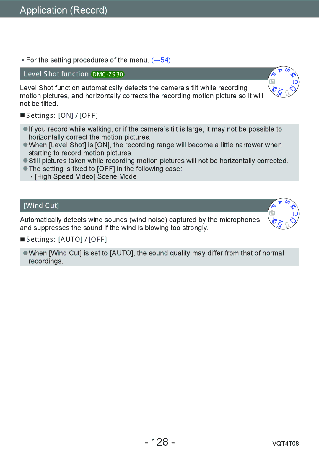 Panasonic DMC-ZS27 owner manual 128, Level Shot function DMC-ZS30, Wind Cut, Settings Auto / OFF 