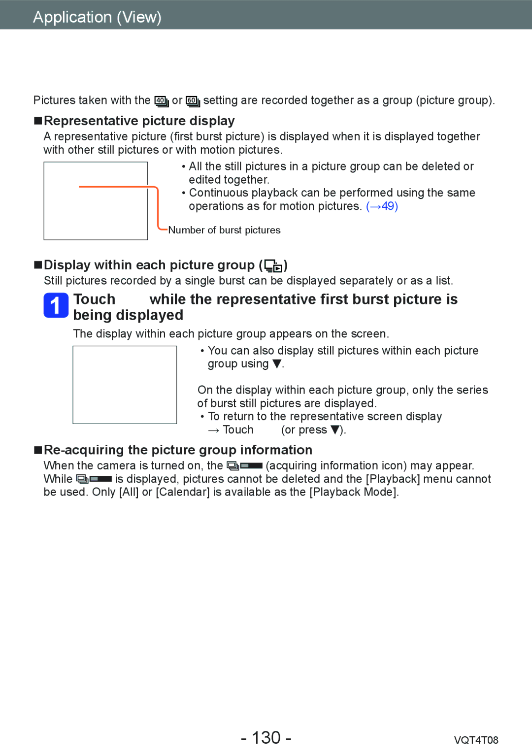 Panasonic DMC-ZS30, DMC-ZS27 owner manual 130, Representative picture display, Display within each picture group 