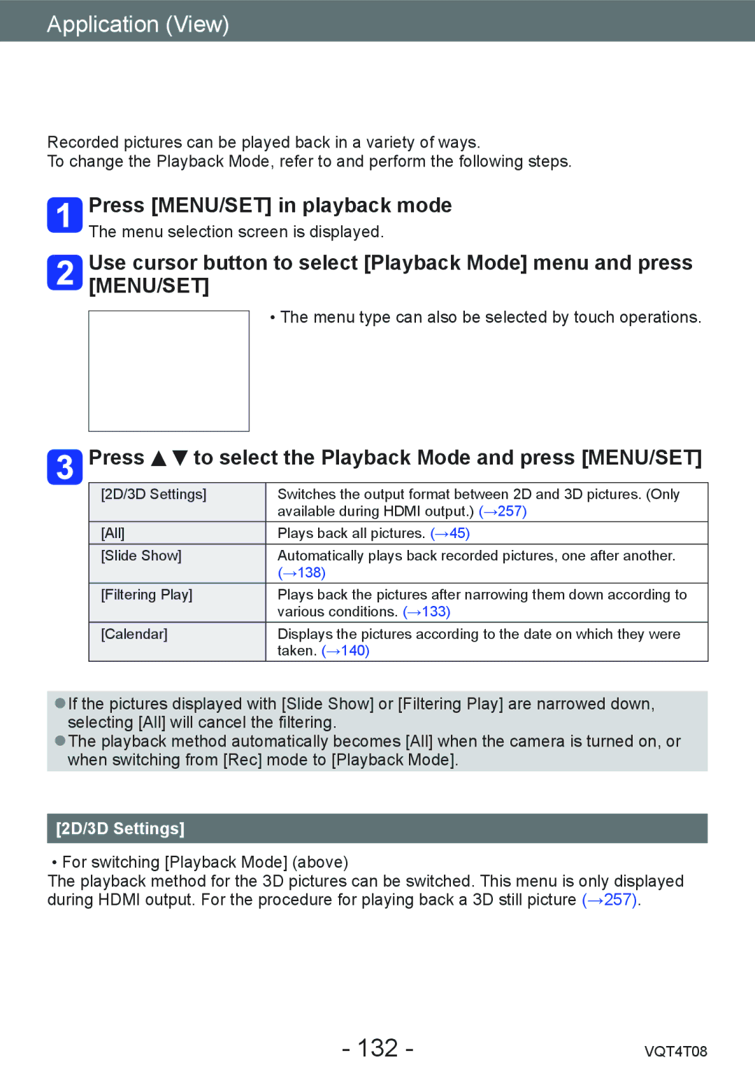 Panasonic DMC-ZS30 Different playback methods Playback Mode, 132, Press MENU/SET in playback mode, 2D/3D Settings 