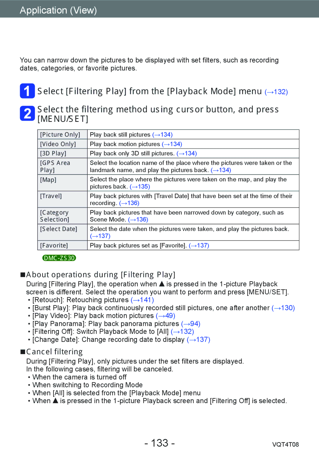 Panasonic DMC-ZS27, DMC-ZS30 Selecting pictures to play back Filtering Play, 133, About operations during Filtering Play 