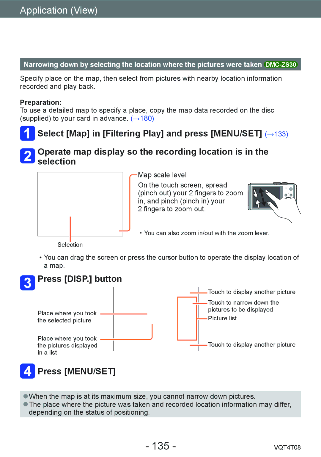 Panasonic DMC-ZS27, DMC-ZS30 owner manual 135, Press DISP. button, Preparation 