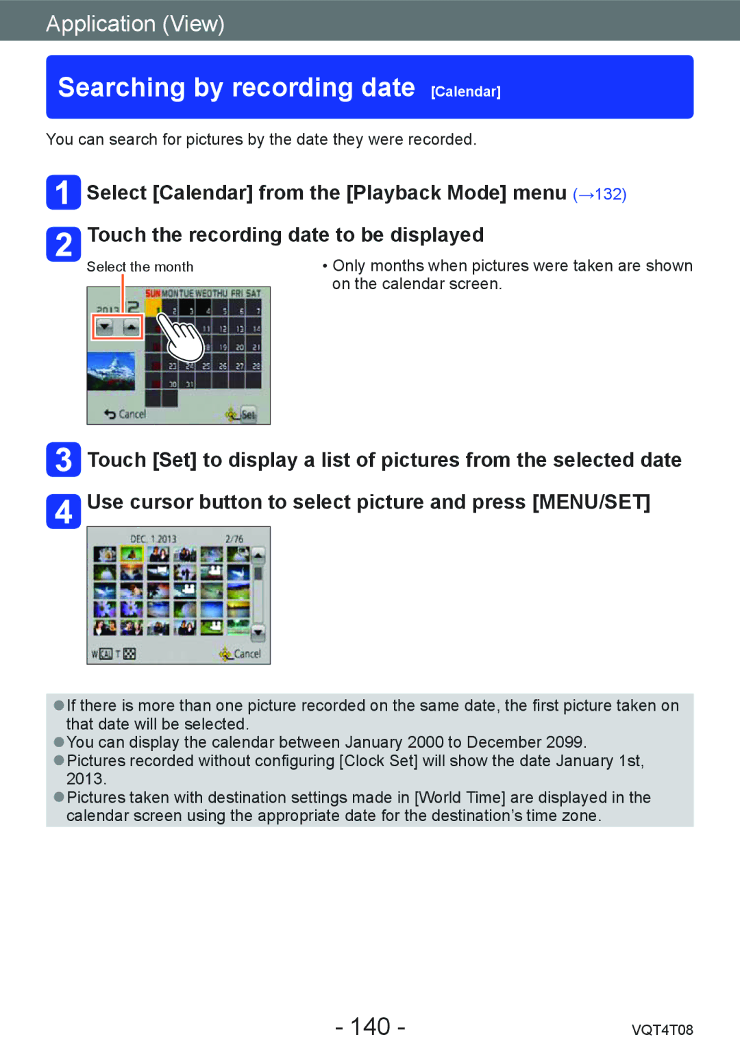 Panasonic DMC-ZS30, DMC-ZS27 owner manual Searching by recording date Calendar, 140 