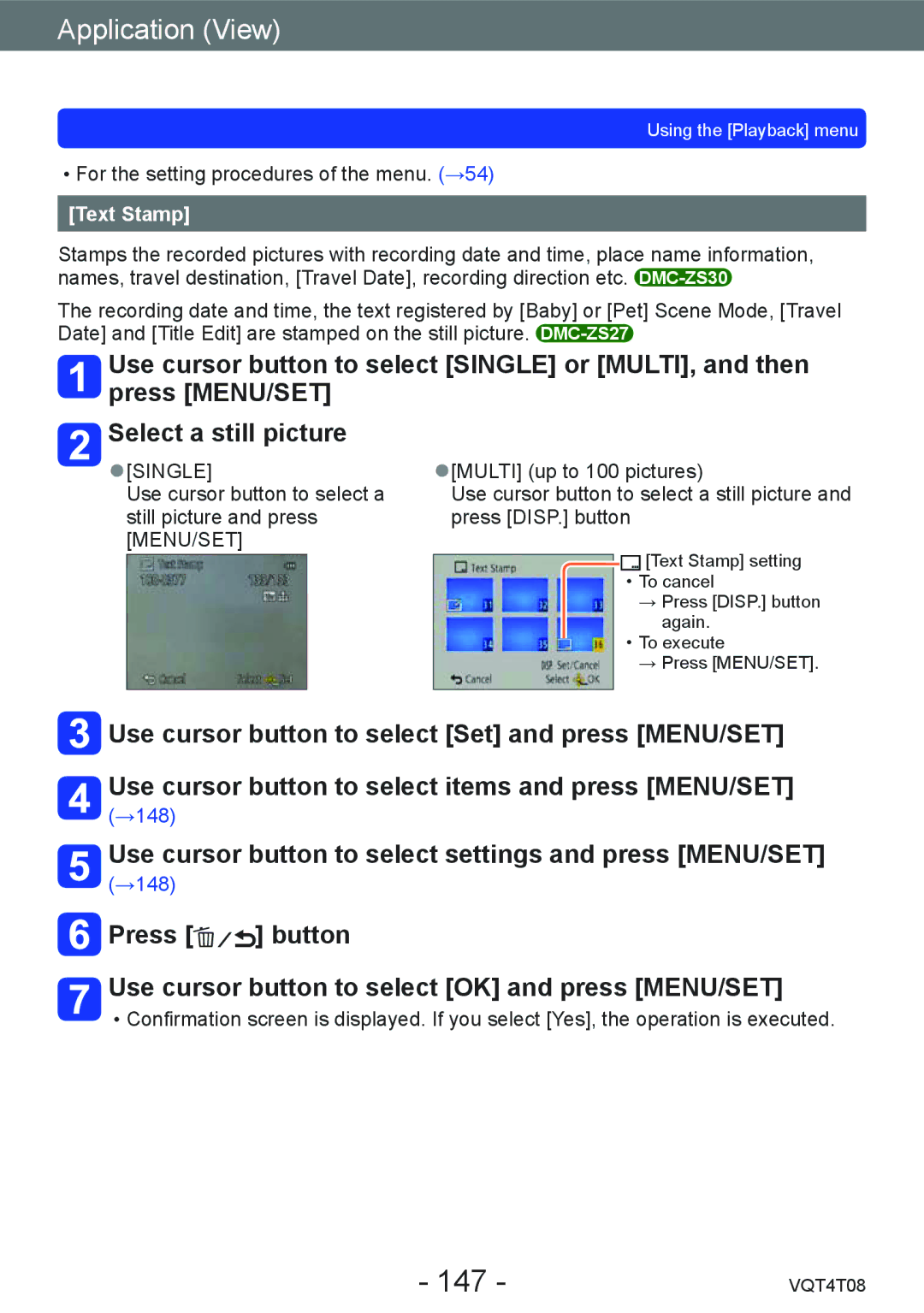 Panasonic DMC-ZS27, DMC-ZS30 owner manual 147, Use cursor button to select settings and press MENU/SET, Text Stamp 