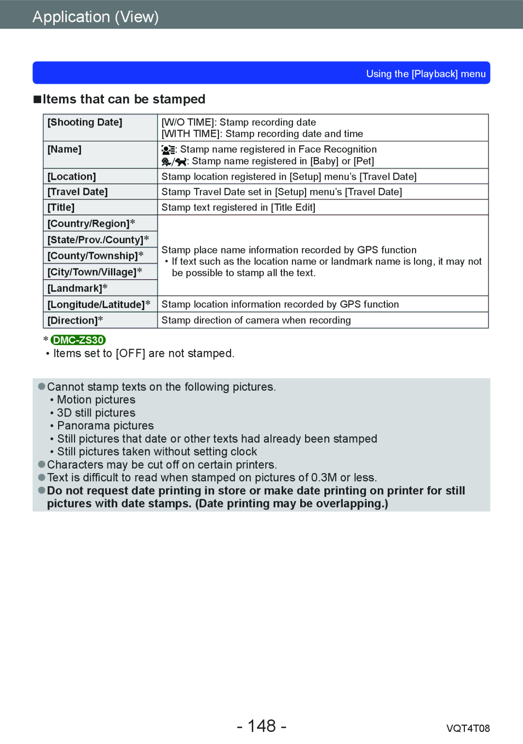 Panasonic DMC-ZS30, DMC-ZS27 owner manual 148, Items that can be stamped 