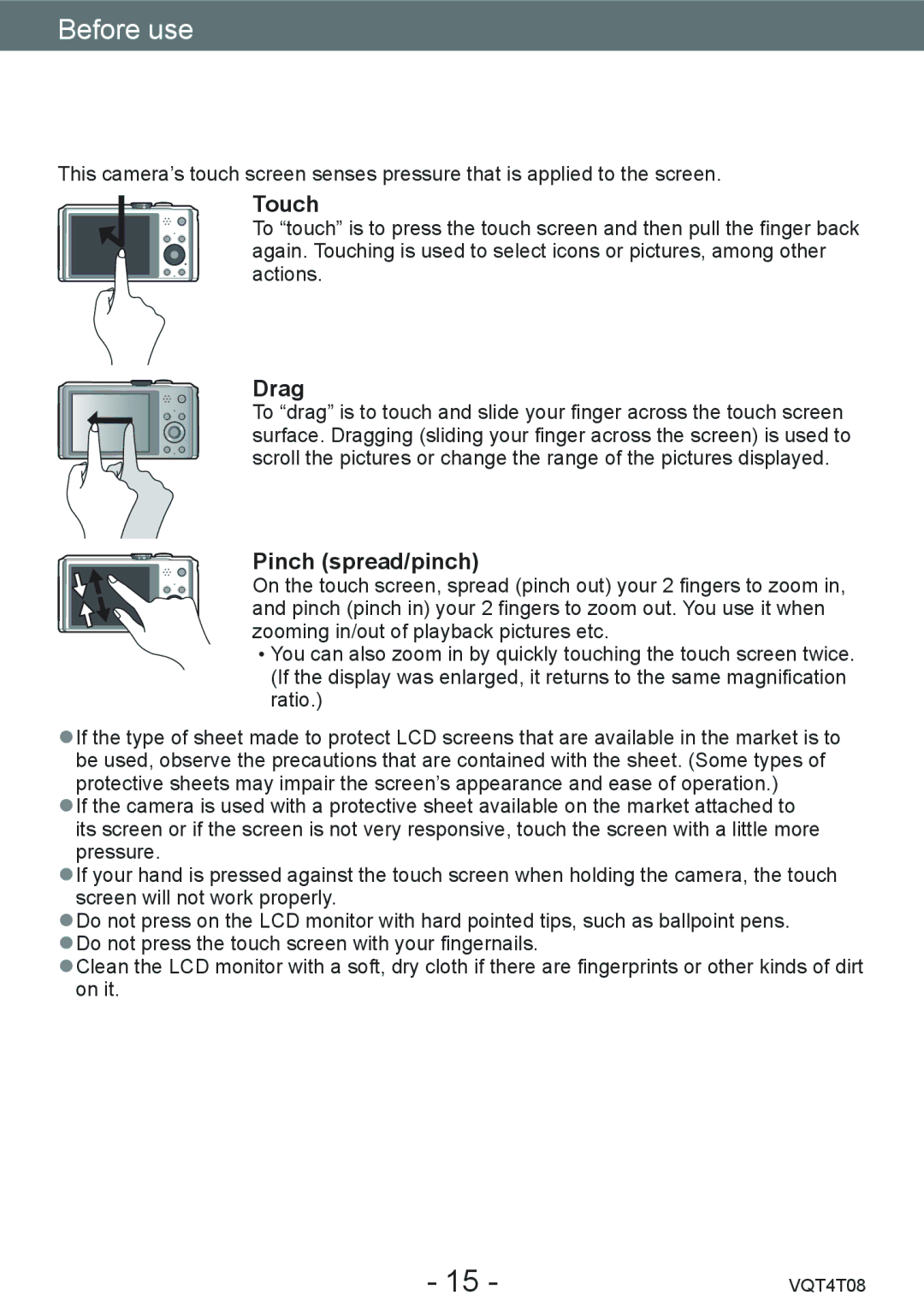 Panasonic DMC-ZS27, DMC-ZS30 owner manual Touch operations, Drag, Pinch spread/pinch 