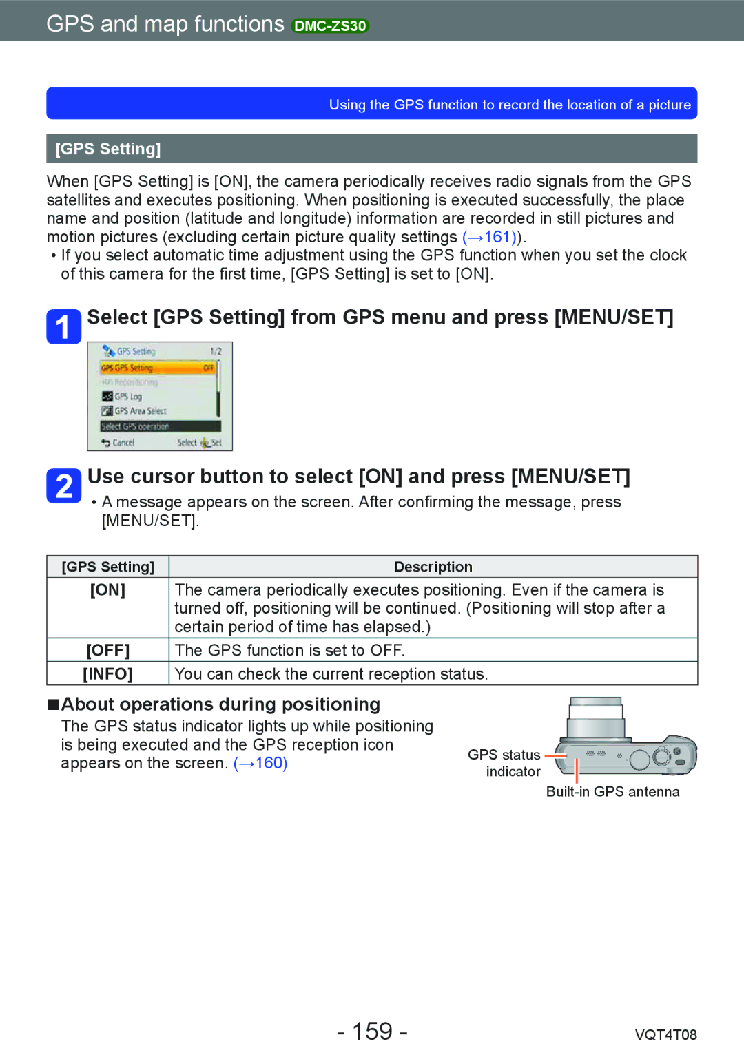 Panasonic DMC-ZS27, DMC-ZS30 owner manual 159, About operations during positioning, GPS Setting Description 