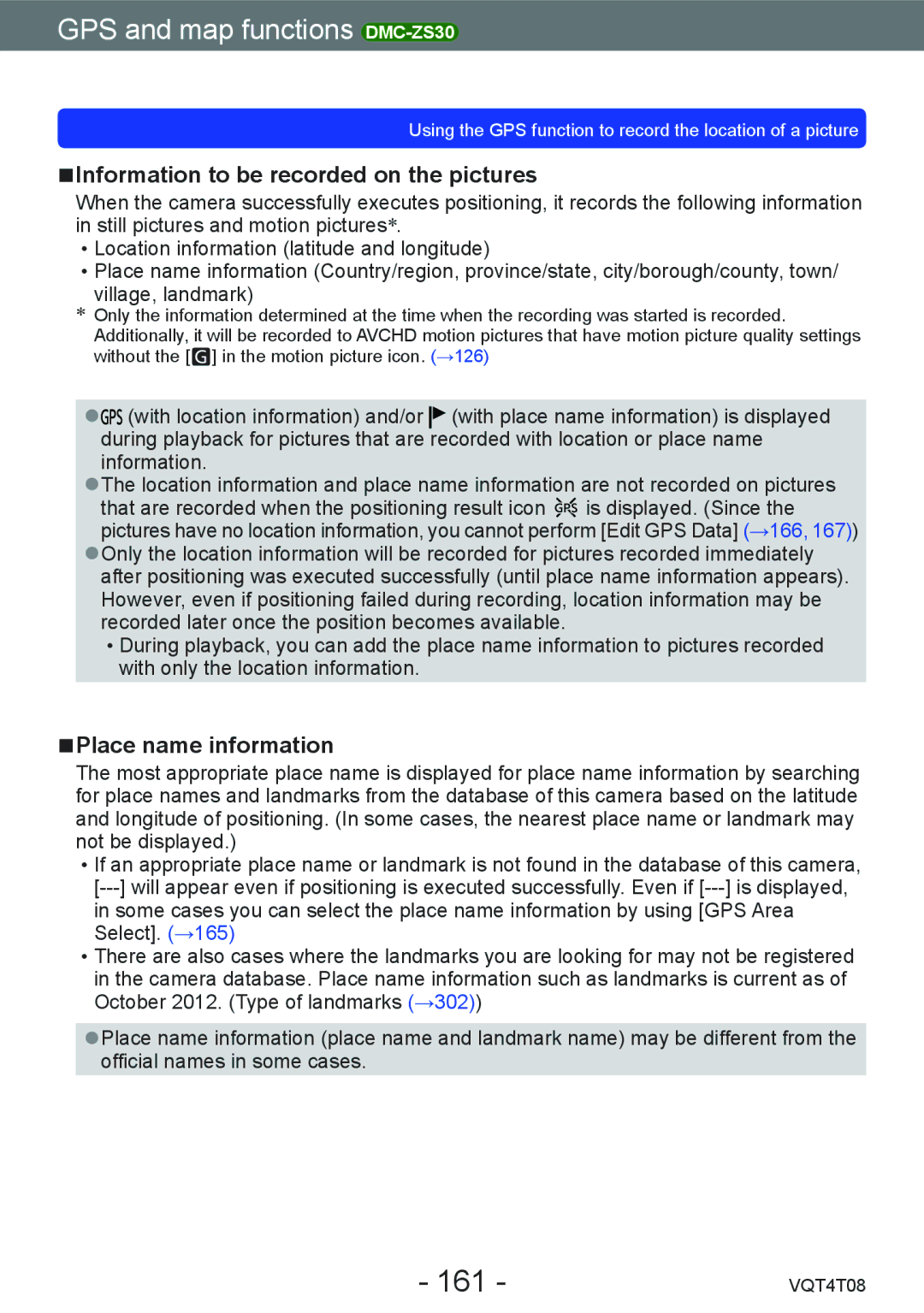 Panasonic DMC-ZS27, DMC-ZS30 owner manual 161, Information to be recorded on the pictures, Place name information 