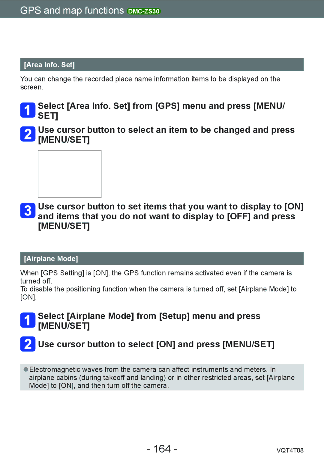 Panasonic DMC-ZS30, DMC-ZS27 owner manual 164, Area Info. Set 