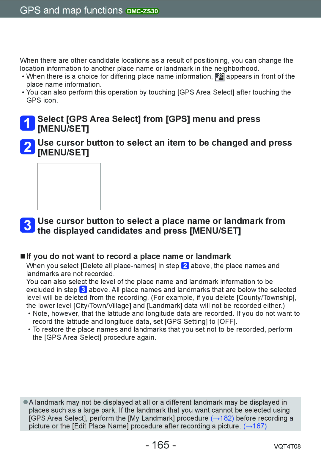 Panasonic DMC-ZS27, DMC-ZS30 owner manual Changing the place name information to be recorded, 165 