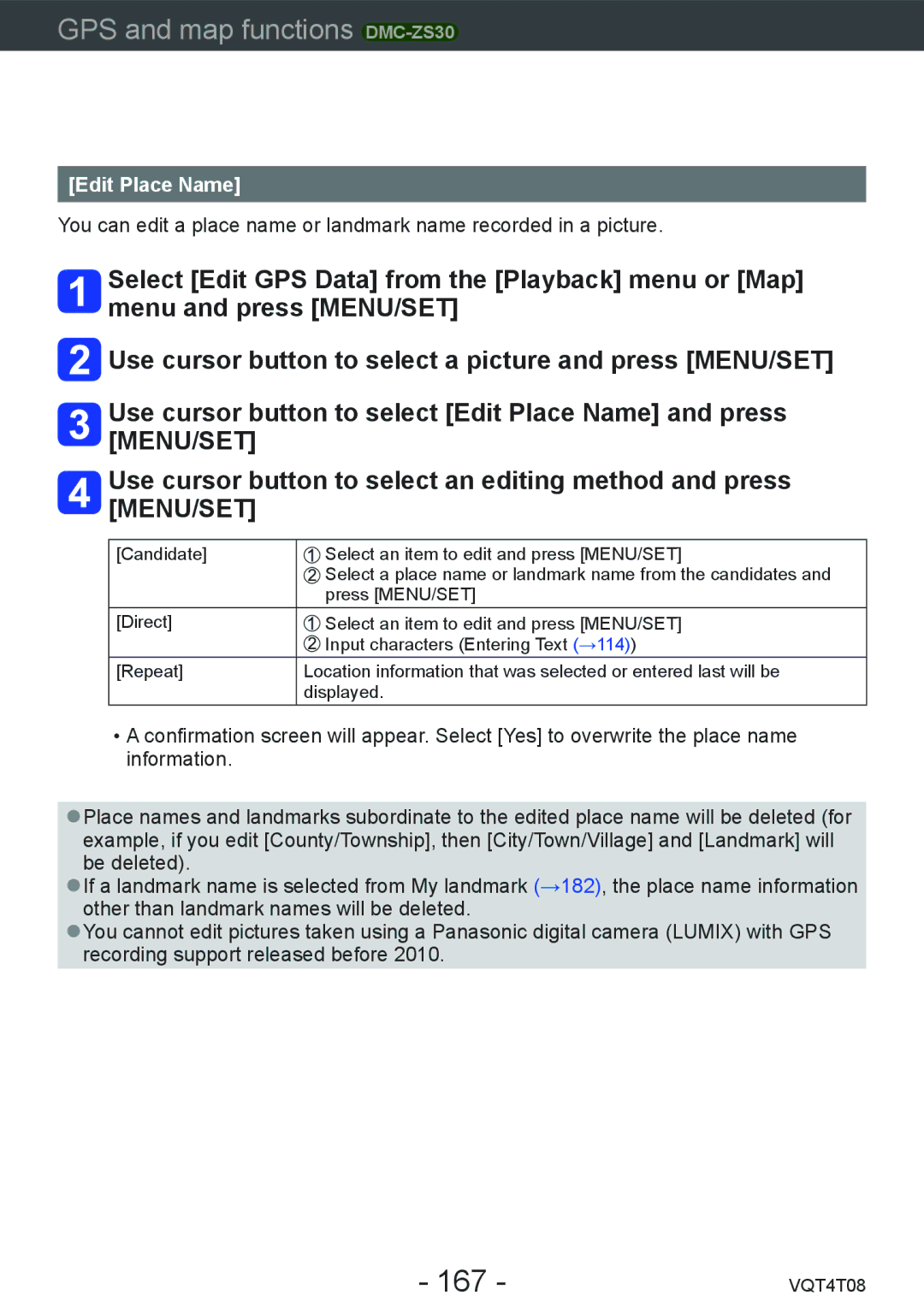 Panasonic DMC-ZS27, DMC-ZS30 owner manual 167, Edit Place Name 