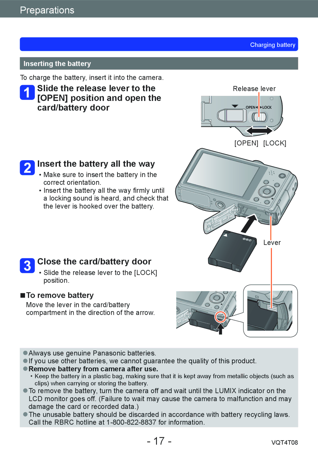 Panasonic DMC-ZS27 Insert the battery all the way, Close the card/battery door, To remove battery, Inserting the battery 