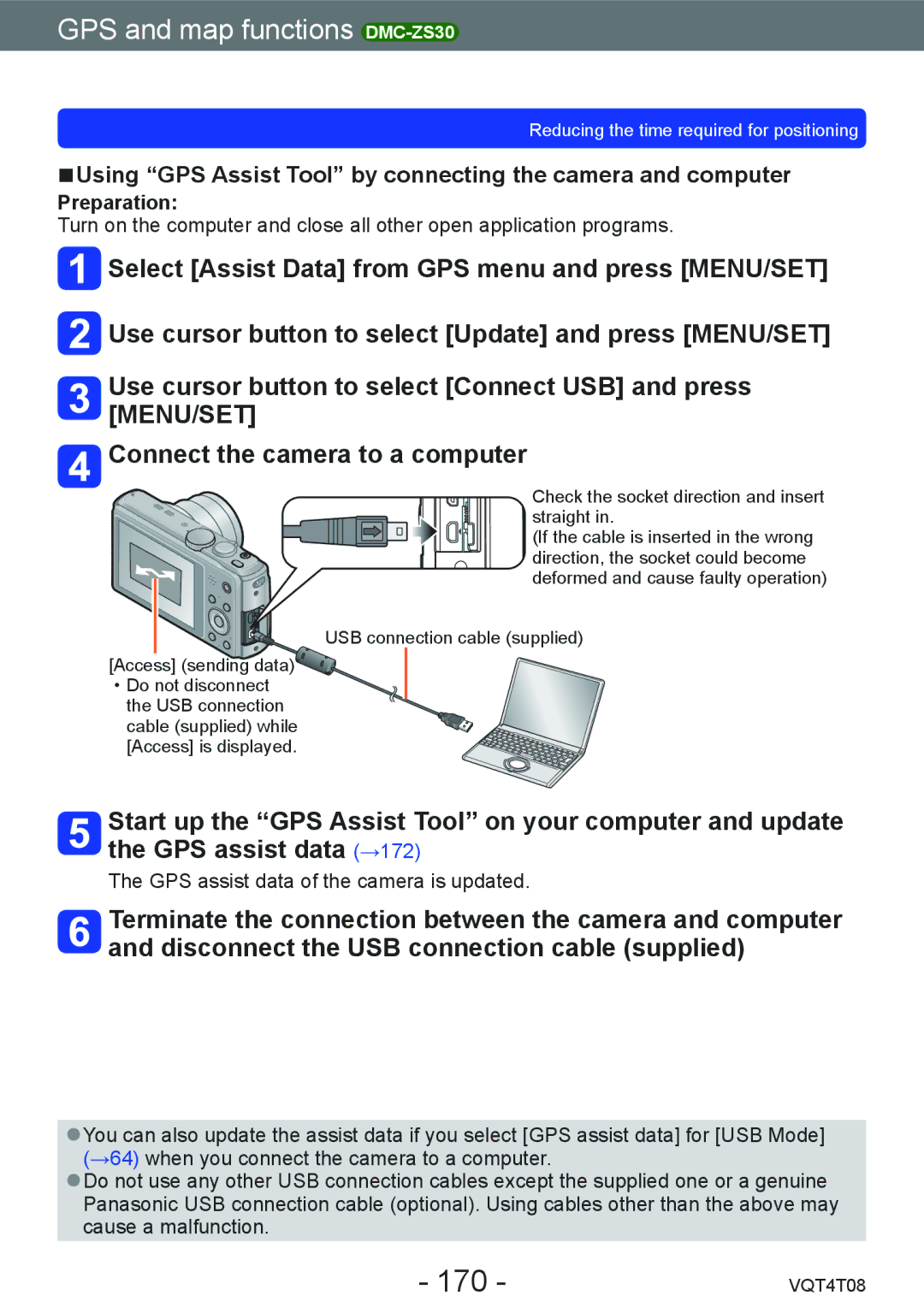 Panasonic DMC-ZS30, DMC-ZS27 owner manual 170, Using GPS Assist Tool by connecting the camera and computer 