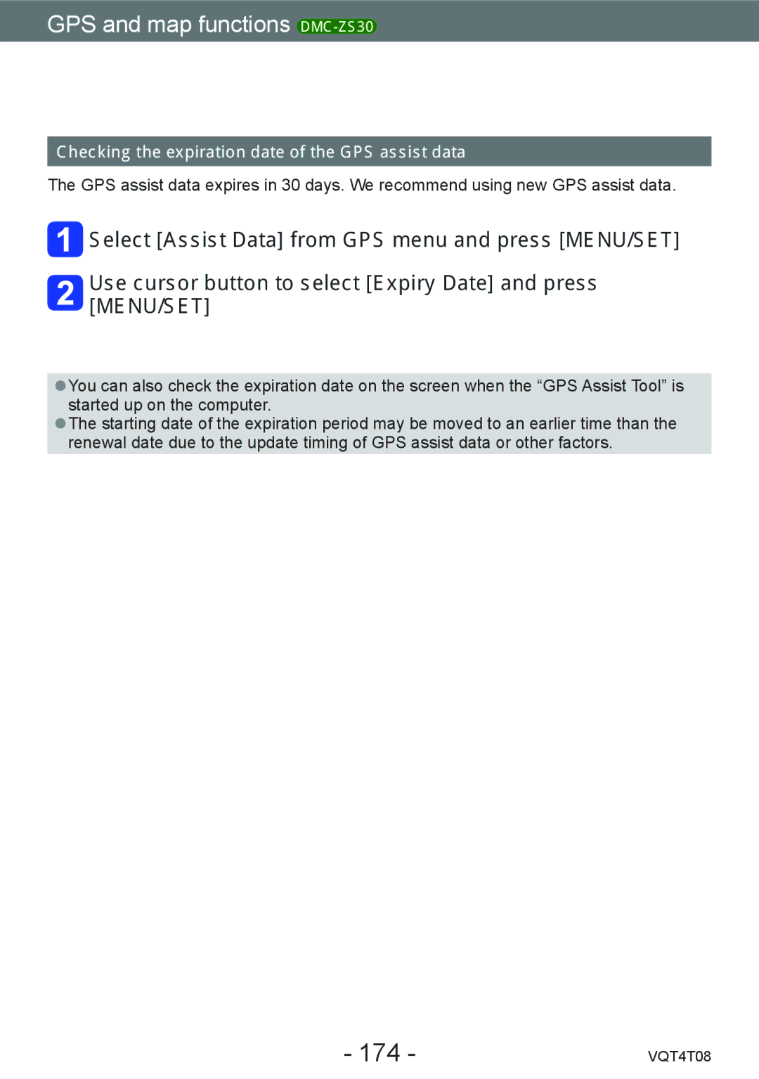 Panasonic DMC-ZS30, DMC-ZS27 owner manual 174, Checking the expiration date of the GPS assist data 