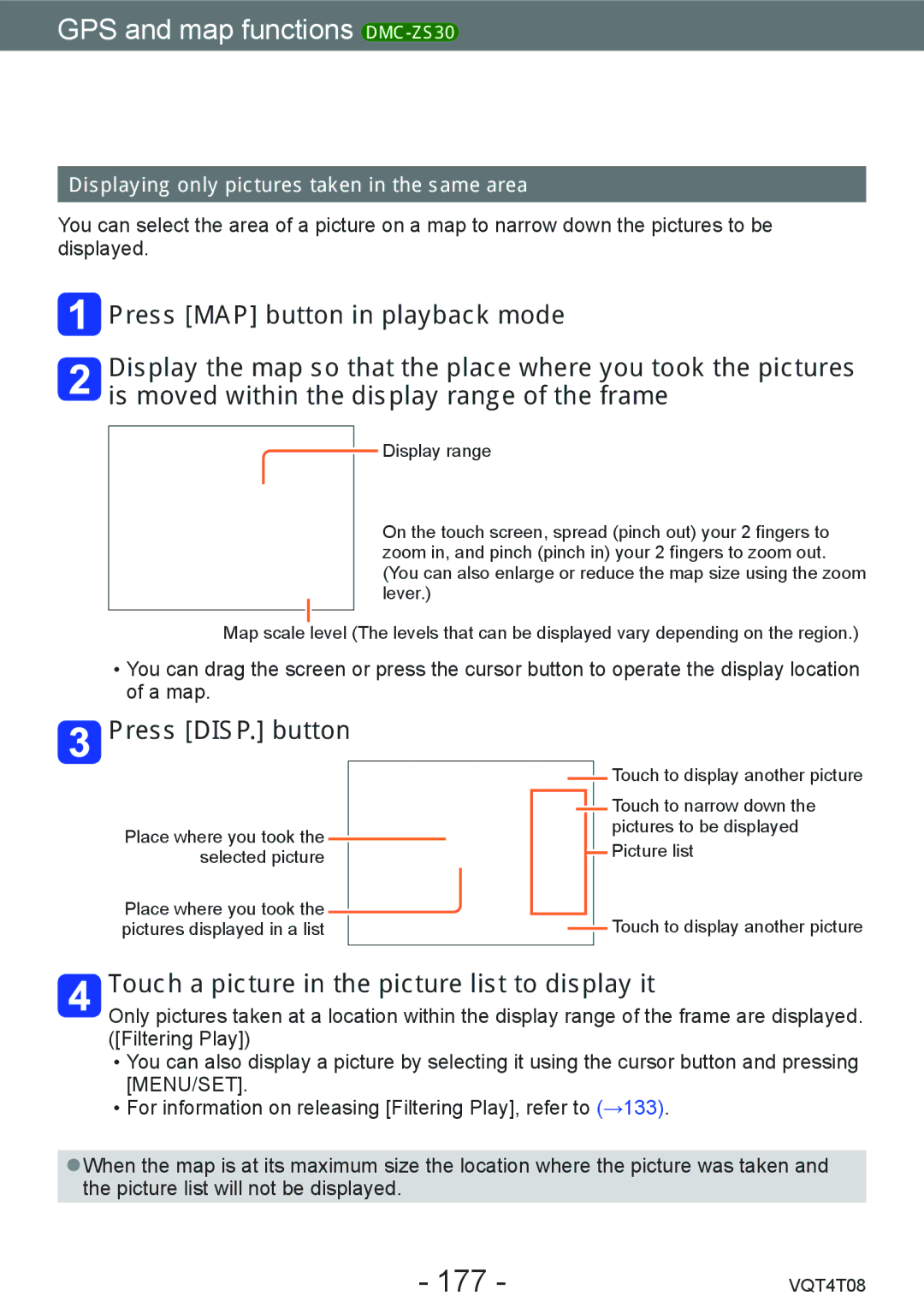 Panasonic DMC-ZS27 177, Touch a picture in the picture list to display it, Displaying only pictures taken in the same area 