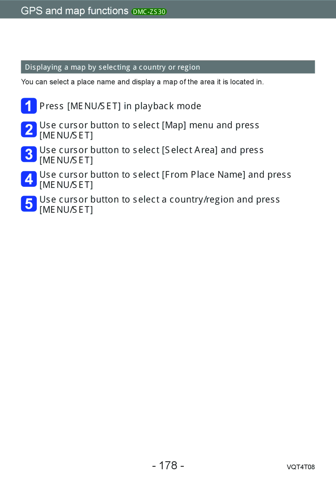 Panasonic DMC-ZS30, DMC-ZS27 owner manual 178, Displaying a map by selecting a country or region 