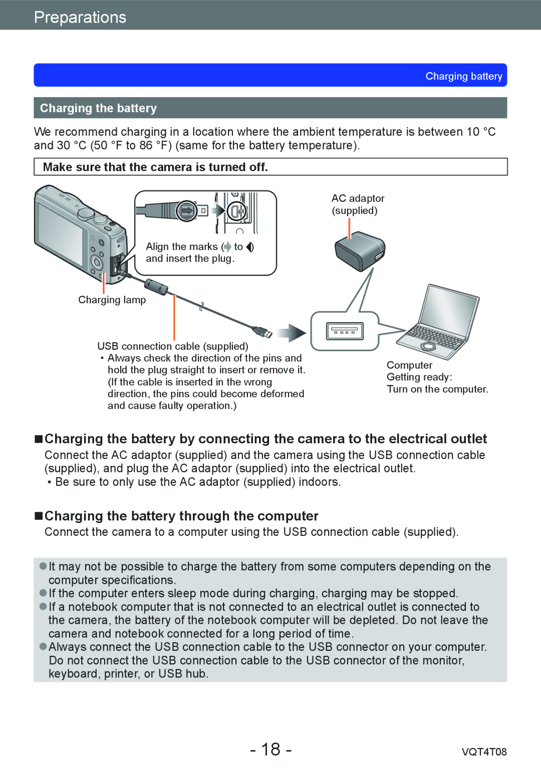 Panasonic DMC-ZS30, DMC-ZS27 owner manual Charging the battery through the computer, Make sure that the camera is turned off 