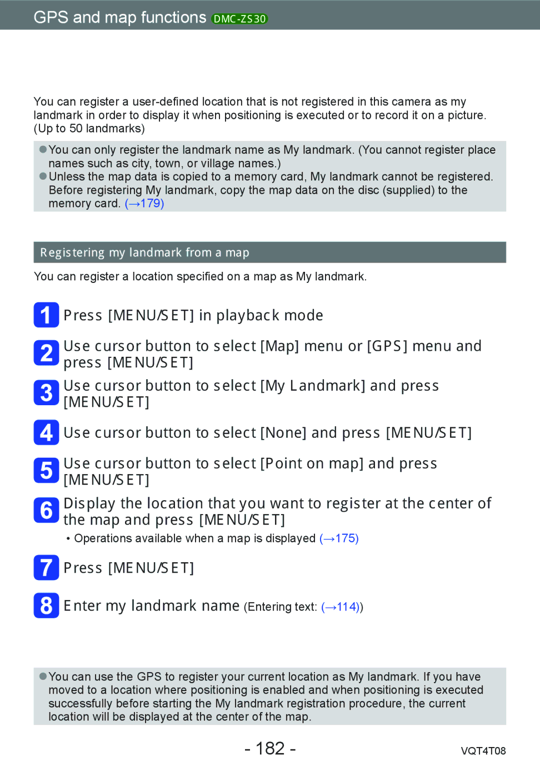 Panasonic DMC-ZS30, DMC-ZS27 Registering my landmark, 182, Press MENU/SET Enter my landmark name Entering text →114 