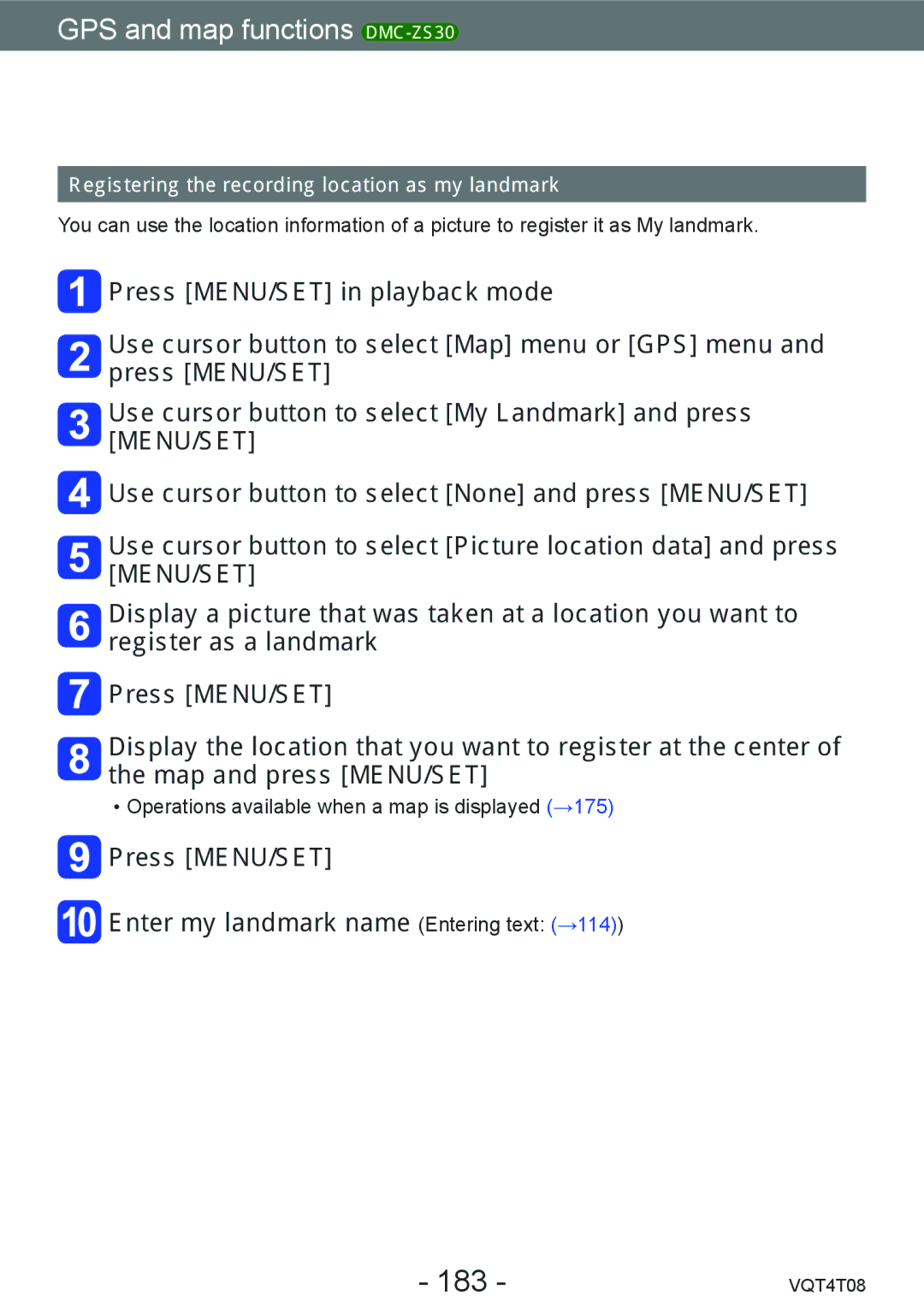 Panasonic DMC-ZS27, DMC-ZS30 owner manual 183, Registering the recording location as my landmark 