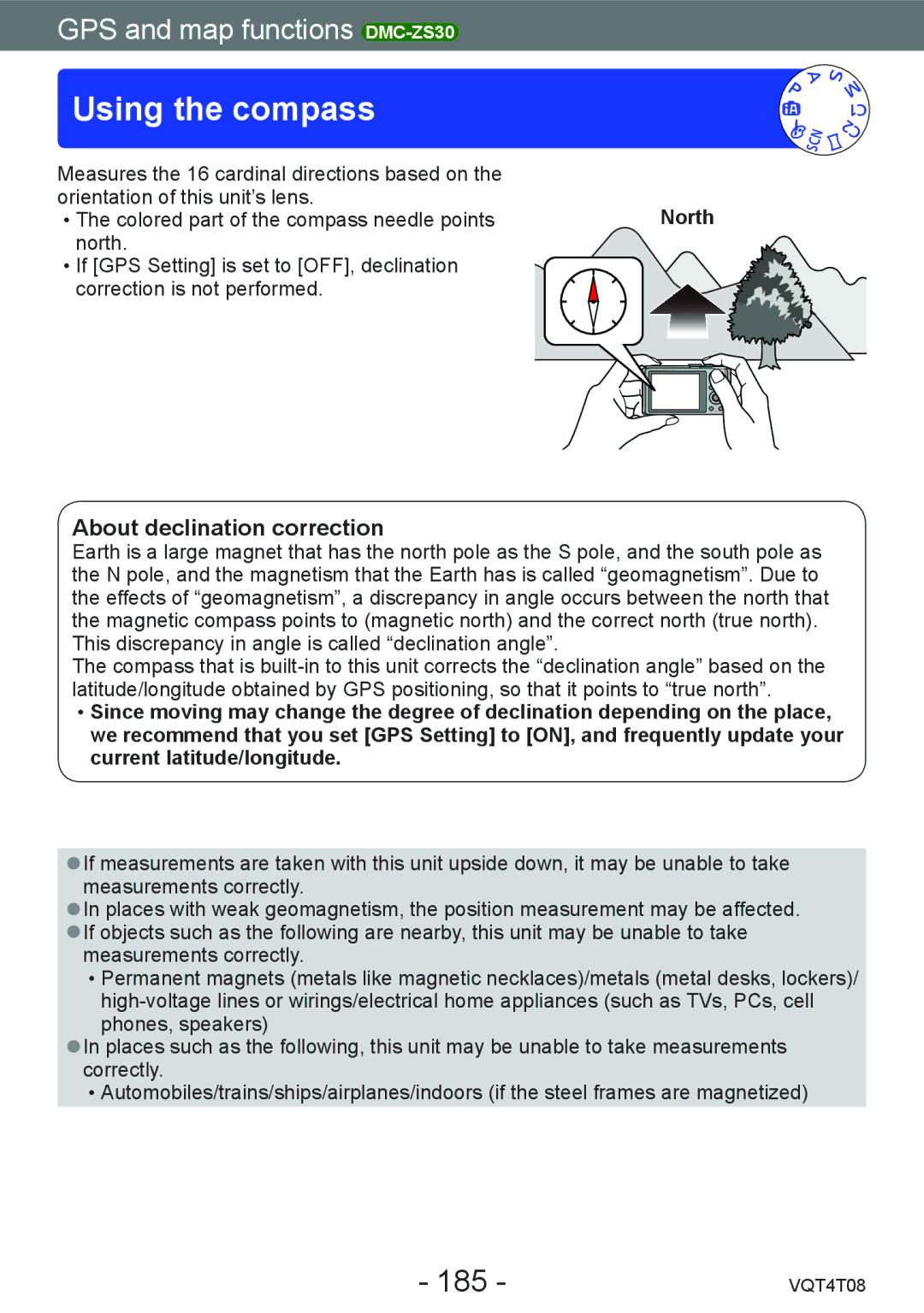 Panasonic DMC-ZS27, DMC-ZS30 owner manual Using the compass, 185, About declination correction, North 