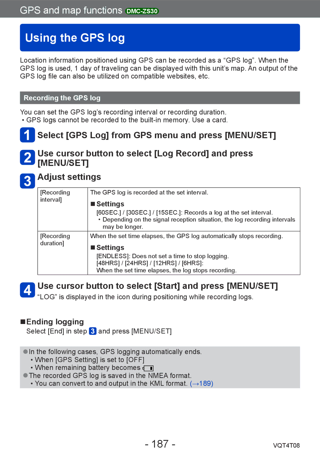 Panasonic DMC-ZS27, DMC-ZS30 owner manual Using the GPS log, 187, Ending logging, Recording the GPS log 