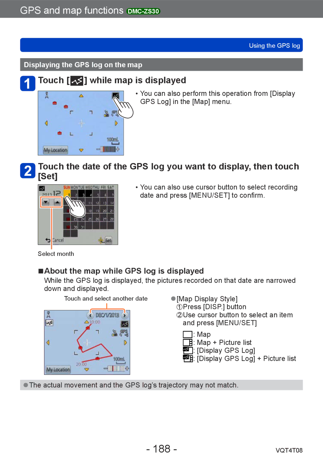 Panasonic DMC-ZS30, DMC-ZS27 owner manual 188, Touch while map is displayed, About the map while GPS log is displayed 