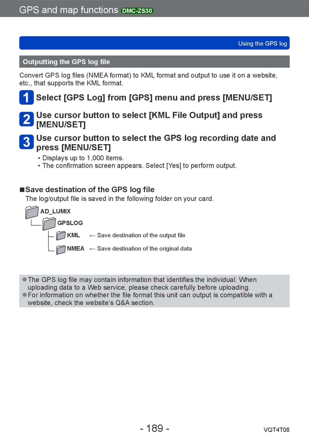 Panasonic DMC-ZS27, DMC-ZS30 owner manual 189, Save destination of the GPS log file, Outputting the GPS log file 