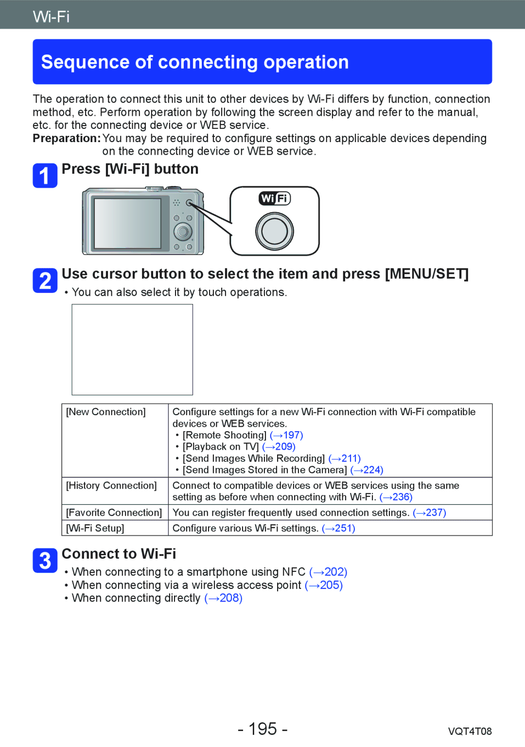 Panasonic DMC-ZS27, DMC-ZS30 owner manual Sequence of connecting operation, 195, Connect to Wi-Fi 