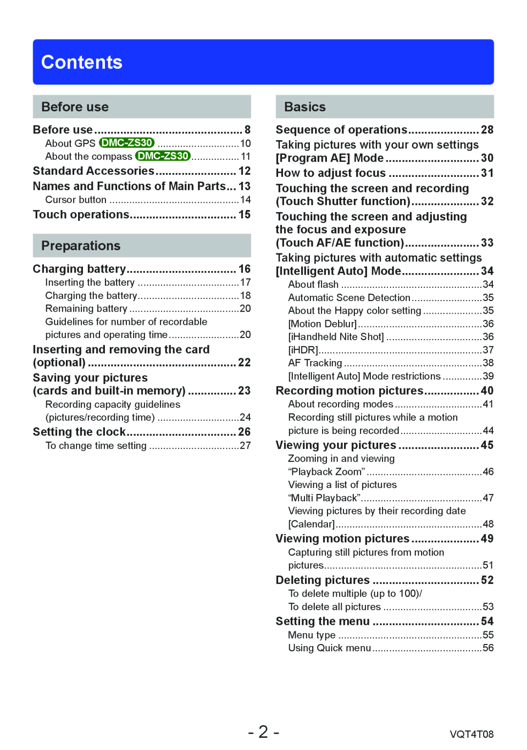 Panasonic DMC-ZS30, DMC-ZS27 owner manual Contents 