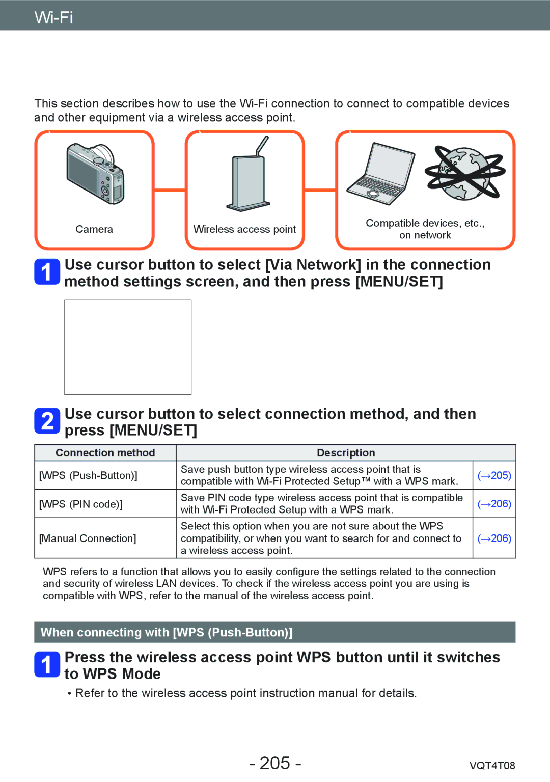 Panasonic DMC-ZS27, DMC-ZS30 owner manual Connecting via a wireless access point, 205, When connecting with WPS Push-Button 